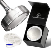 AquaHomeGroup luxury filtered shower head front view showing metal finish and round shape for spa-like styling