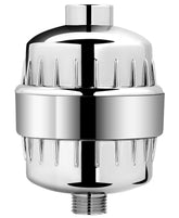 AquaBliss shower filter front view highlighting its chrome finish and modern design