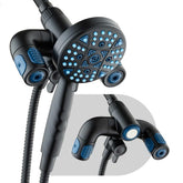 AquaCare Polaris shower head in matte black with angle view and high-pressure options