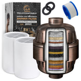 AquaHomeGroup 20-stage shower filter unit close-up showing cartridge system for chlorine removal.