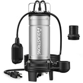 AQUASTRONG 1HP sewage grinder pump exterior showing durable stainless steel build for basement use.