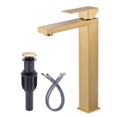 ARCORA brushed gold vessel faucet front view shows tall, modern silhouette ideal for vessel sinks.