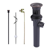 ARCORA lift-rod sink drain close-up showing oil rubbed bronze finish for vessel sinks