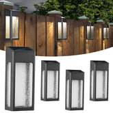 ARMXY solar outdoor lights with a rectangular metal body illuminate pathways and entrances at dusk.