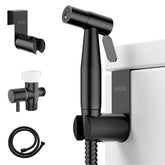 Arofa black bidet sprayer head, durable stainless steel for hygienic cleaning.