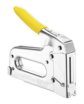 Arrow T59 heavy-duty staple gun front view showing durable chrome housing for reliable quick installations.