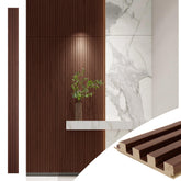 Art3d walnut slat paneling adds modern texture to interior walls.