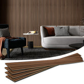 Art3d walnut wood slat acoustic panel on wall improves room acoustics.