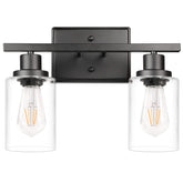Ascher 2-light wall sconce with matte black finish and clear glass shade for hallway glow.