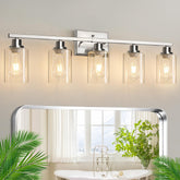 Ascher bathroom vanity fixture with five clear-glass shades for a bright, modern look