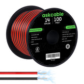 Askcable 14AWG wire spool with red and black conductors, for easy polarity identification and dispensing.