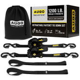 AUGO retractable ratchet strap setup showing quick tensioning and neat slack control
