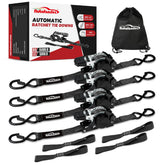 Autofonder retractable ratchet strap 4-pack securing cargo in a truck bed.