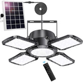 Auzev solar shed light with 176-LED panel illuminates a workspace.