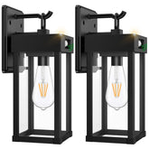 Auzev two-pack solar wall light front view with dusk-to-dawn sensor for outdoor entry.