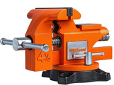 AV Steel bench vise with swivel base enables flexible positioning.