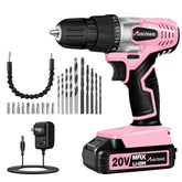 AVID POWER 20V pink drill front view with 3/8-inch chuck for quick changes.