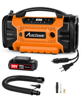 AVID POWER tire inflator front view with compact orange housing for roadside use.