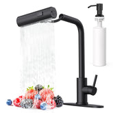 AVSIILE matte black waterfall faucet with pull-down sprayer in action for easy cleaning
