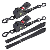 Ayaport retractable ratchet strap in use securing cargo with 1in webbing on a trailer.