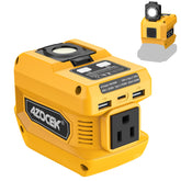 Azocek 220W inverter connected to a DeWalt 20V battery powering a laptop