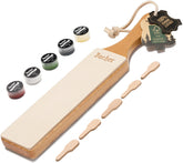 Bacher premium leather strop for knife sharpening on a workbench maintains a razor-sharp edge