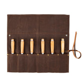 Baizoy Chisel Roll with six pockets in brown waxed canvas, organized and portable.