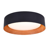 Bargeni flush mount light with matte black frame and wood accent for warm ambience.