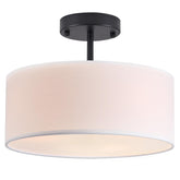 Bargeni semi-flush mount 3-light black fixture with fabric shade for modern ambience.