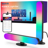 BASON LIGHTING smart light bars beside the monitor for immersive gaming ambience.