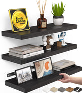 BAYKA floating shelves wall set of 3 in rustic black finish, ideal for decor display.