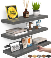 BayKA grey floating shelves across the wall in a 3-pack display for organized storage