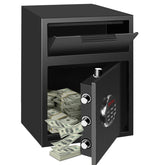 BBRKIN Depository Drop Safe front view highlighting sturdy door and reinforced bolts for security.