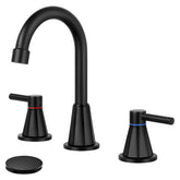 BDJM matte black 8inch widespread faucet with 360° swivel spout for easy reach.