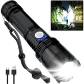 BERCOL rechargeable flashlight front view shows 90,000 lumens for emergencies.