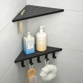 Bernkot 10-inch corner shower shelf with hook rack for organized bathroom essentials.