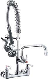BESTJEEF commercial wall-mount faucet with front view and pull-down sprayer for quick rinsing.