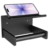 Bethom matte black toilet paper holder with shelf, front view, steady rolls for daily use
