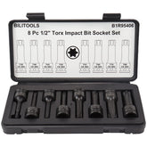 BILITOOLS 8-piece impact Torx socket set in use with 1/2-inch drive for durability.