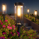 BITPOTT bright solar pathway light with warm glow enhances walkways at night.