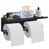Bjiotun toilet paper holder with shelf in matte black, front view showing convenient storage.