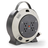 BLACK+DECKER retractable cord reel with 20 ft reach and four outlets for home use.