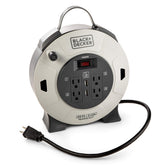 BLACK+DECKER 25ft retractable extension reel with four outlets for versatile room power.
