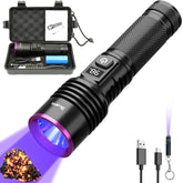 BlueYu 365nm UV flashlight front view reveals hidden urine stains clearly