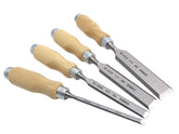 BLUSTEELE Narex bevel edge chisel set with wooden handles for precise joinery.