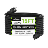 BN-LINK 15ft outdoor extension cord in use powering lawn tools and lighting