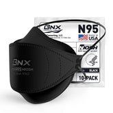 BNX N95 mask black facepiece close-up shows filtration capability and comfortable seal.
