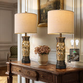 BOBOMOMO antique gold table lamps pair enhances bedside ambiance.