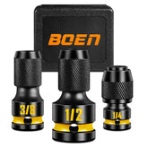 Boen drive adapter set showing 1/2, 3/8, and 1/4 to 1/4 hex conversion for versatility