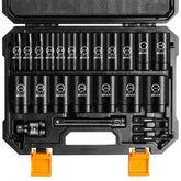Boen SAE impact socket set in case open for quick organization.